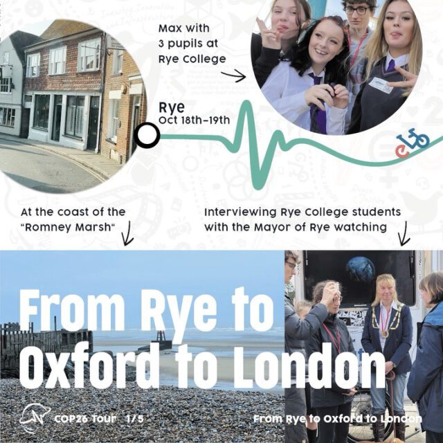 After a day off in Rye, we were invited by the director of #RyeCollege. We stayed a couple of hours and interviewed the pupils – and also the mayor of Rye, who was very interested in our tour and the whole project.

Afterwards, we visited the most important nature reserve in South England – the #Romney Marsh and had inspiring conversations with the Rangers.
It was very windy. And at some point, the wind was so strong that it pushed the bike to the edge and made it tip over! Fortunately – again – Alessandra did not get hurt. Only a bit shocked. The bike only had a few scratches.

The intense day made us hungry and tired – so we rode back to our hotel and rested for our trip to Oxford the next day.

At the Oxford city university we met ~200 students. The college is part of a network of ~50 colleges and they are very interested in the #CreatiVelo to establish their own as a physical communication tool between partners and the communities around them.
After that we rode about 15 miles to Bicester, which is a civil parish in north-east Oxfordshire – to interview the pupils and teachers of the local college. On the way back, the streets to Oxford were flooded by a heavy rain – so we had to take the truck this time.

Then something unfortunate happened: Max got ill. He had headaches and didn’t feel well. So we had to bring him to hospital for a checkup. Don’t worry, it’s nothing severe or contagious! But bad enough for him to keep on cycling. We reserved him a seat in our truck for our travel to London the next day.

For the weekend, we were invited to the London Transport Museum @ltmuseum where we were a part of the exhibition #FromSteamToGreen. Very exciting!

Unfortunately Max still didn’t feel well on monday – so he decided to fly back to his hometown Luxembourg from where we started. Press your thumbs, that he’ll be well enough to rejoin us at the #climateconference in #Glasgow next week!

#whatwillittake #oneearthbeat #youth4planet #climateaction #COP26 #17goals #globalgoals #climatecrisis #gogreen #biketour #togetherforourplanet #togetherwecanmakeadifference #youth4planet #CreatiVelo #ryesussex #bicester #oxfordcollege #bikecrash #londontransportmuseum